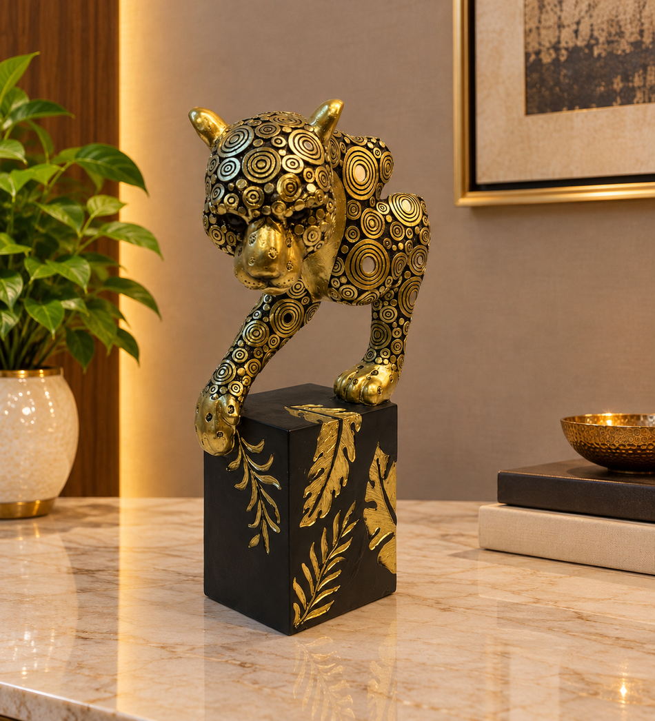 Gold Prowling Leopard Sculpture on Black Botanical Pedestal