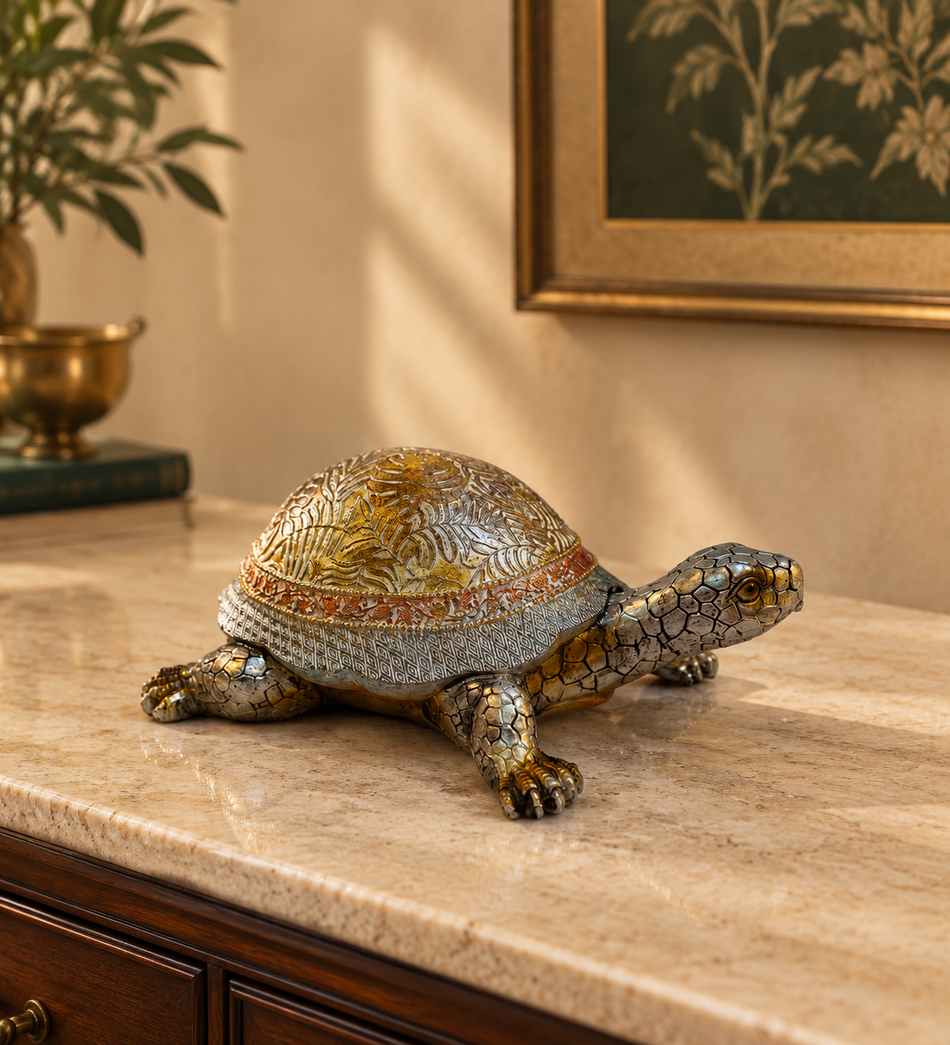 Ornate Metallic Gold and Silver Tortoise Figurine with Detailed Shell Pattern