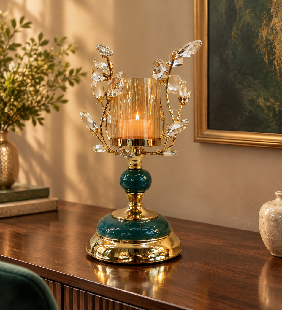 Ornate Electroplated Gold and Emerald Green Crystal Candelabra Candle Holder