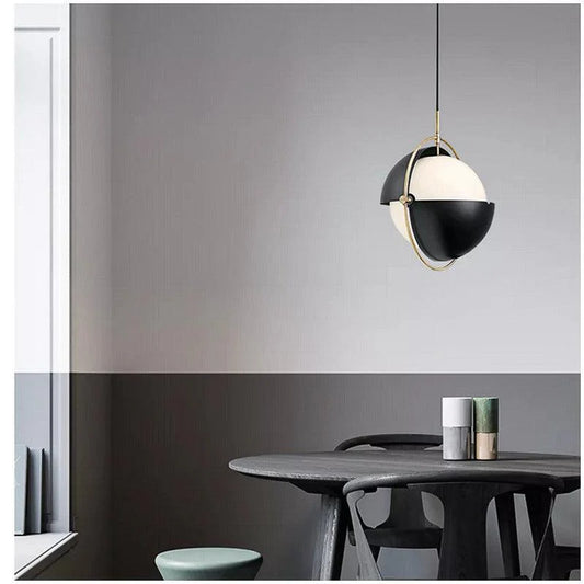 Modern Orbital Pendant Light – Black & White Globe with Gold Frame