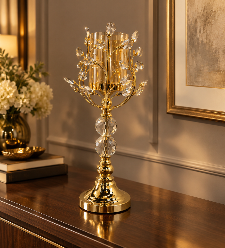 Ornate Electroplated Gold Crystal Candelabra Candle Holder
