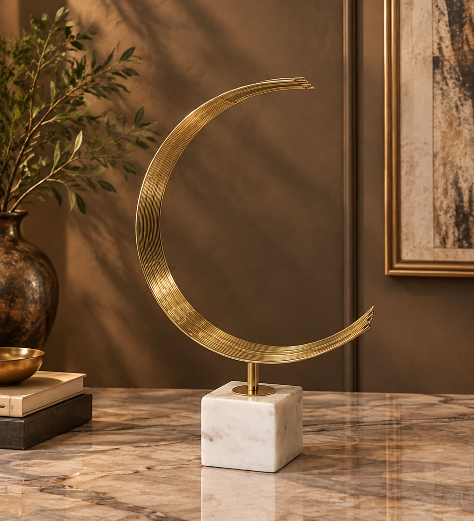 Golden Crescent Abstract Sculpture with Marble Base