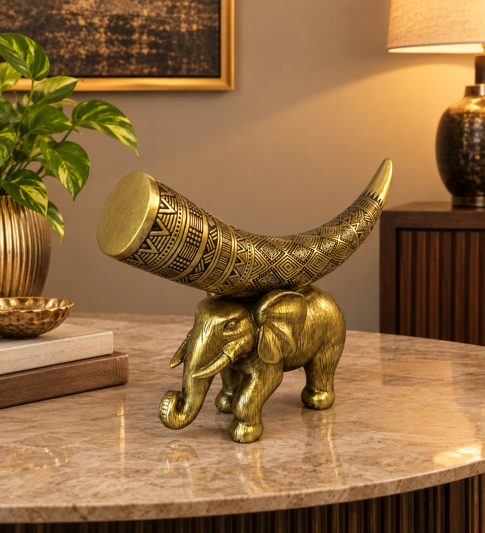 Antique Gold Elephant with Carved Horn Statue