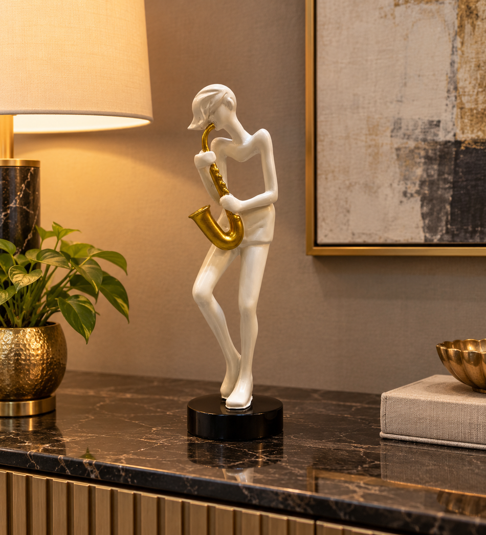 Glossy White and Gold Saxophone Player Musician Figurine