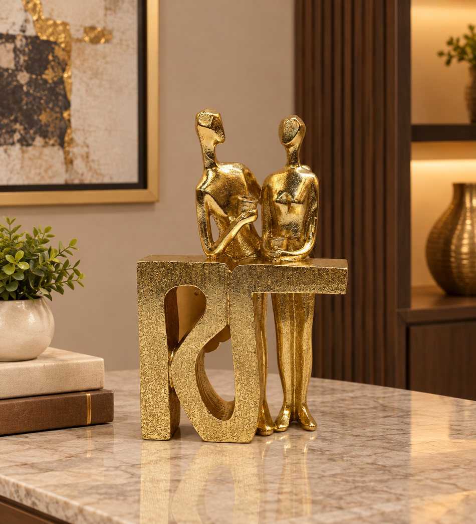 Modern Gold Abstract Couple at Bar Table Sculpture