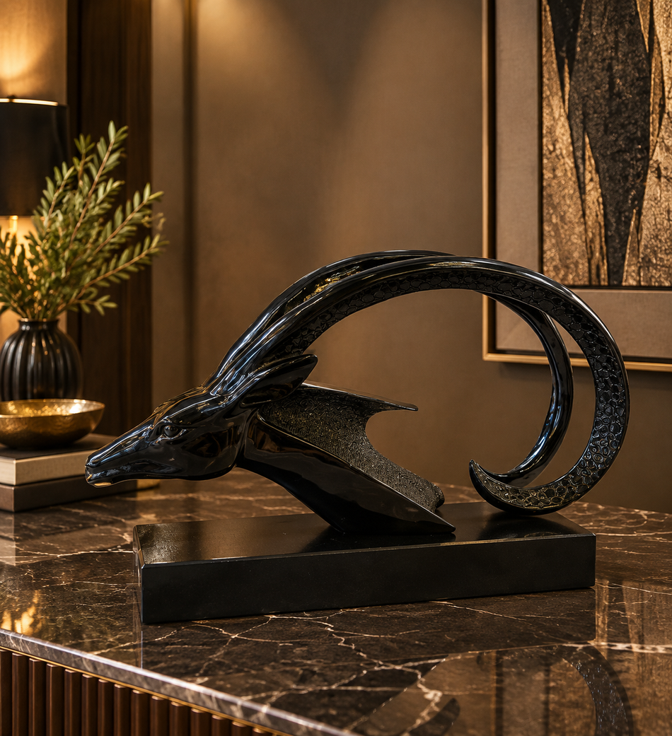 Glossy Black Antelope Head Sculpture with Curved Horns