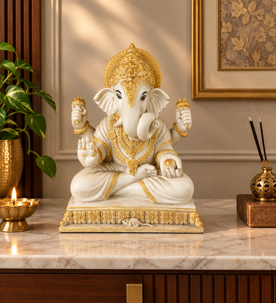 White and Gold Seated Lord Ganesha Idol