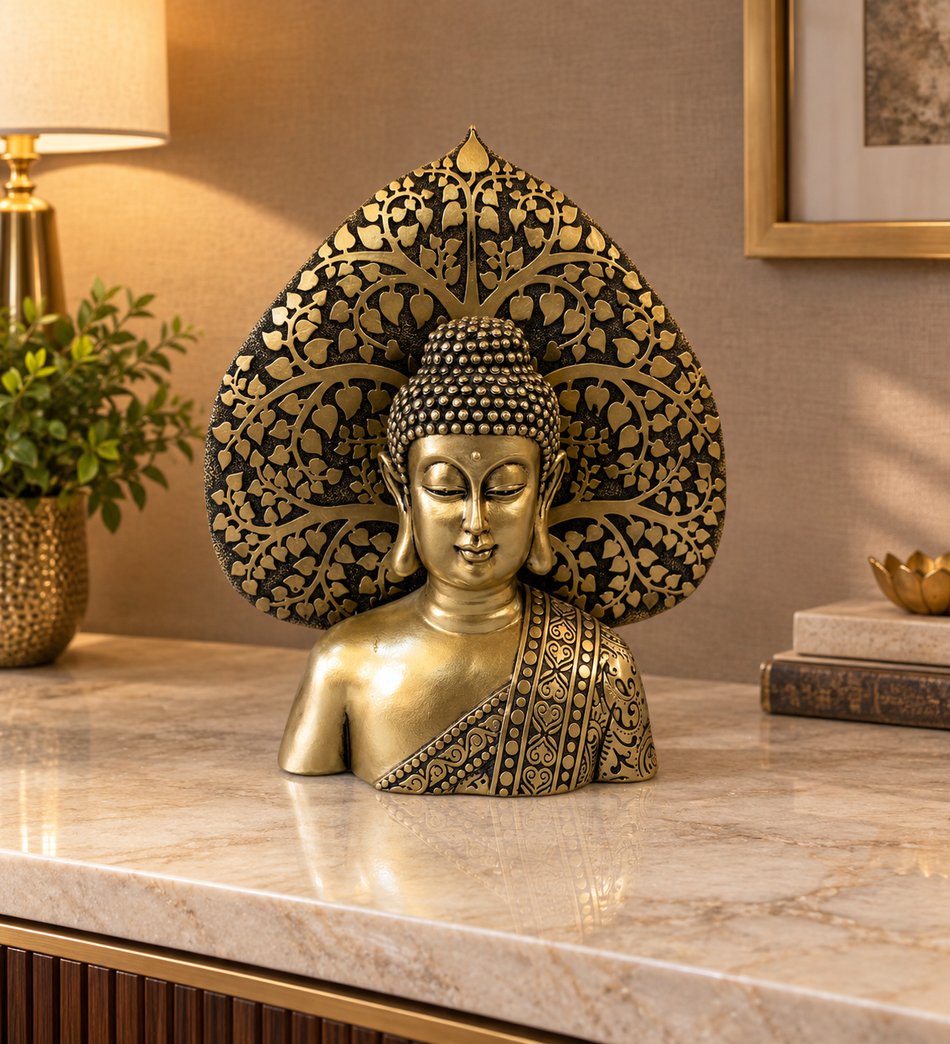 Antique Gold Buddha Bust with Bodhi Leaf Halo Sculpture