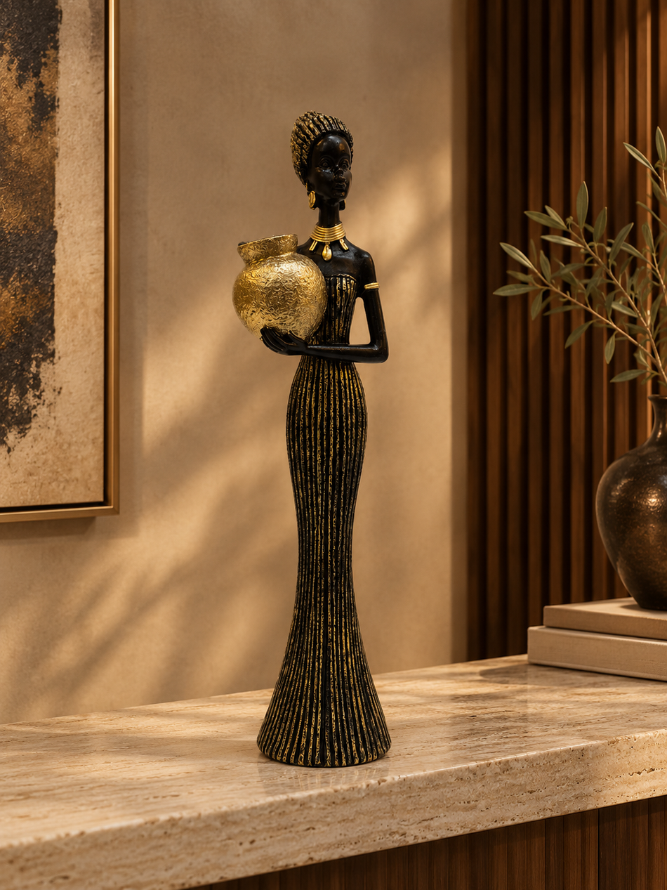 Standing African Woman Figurine Holding Gold Pot