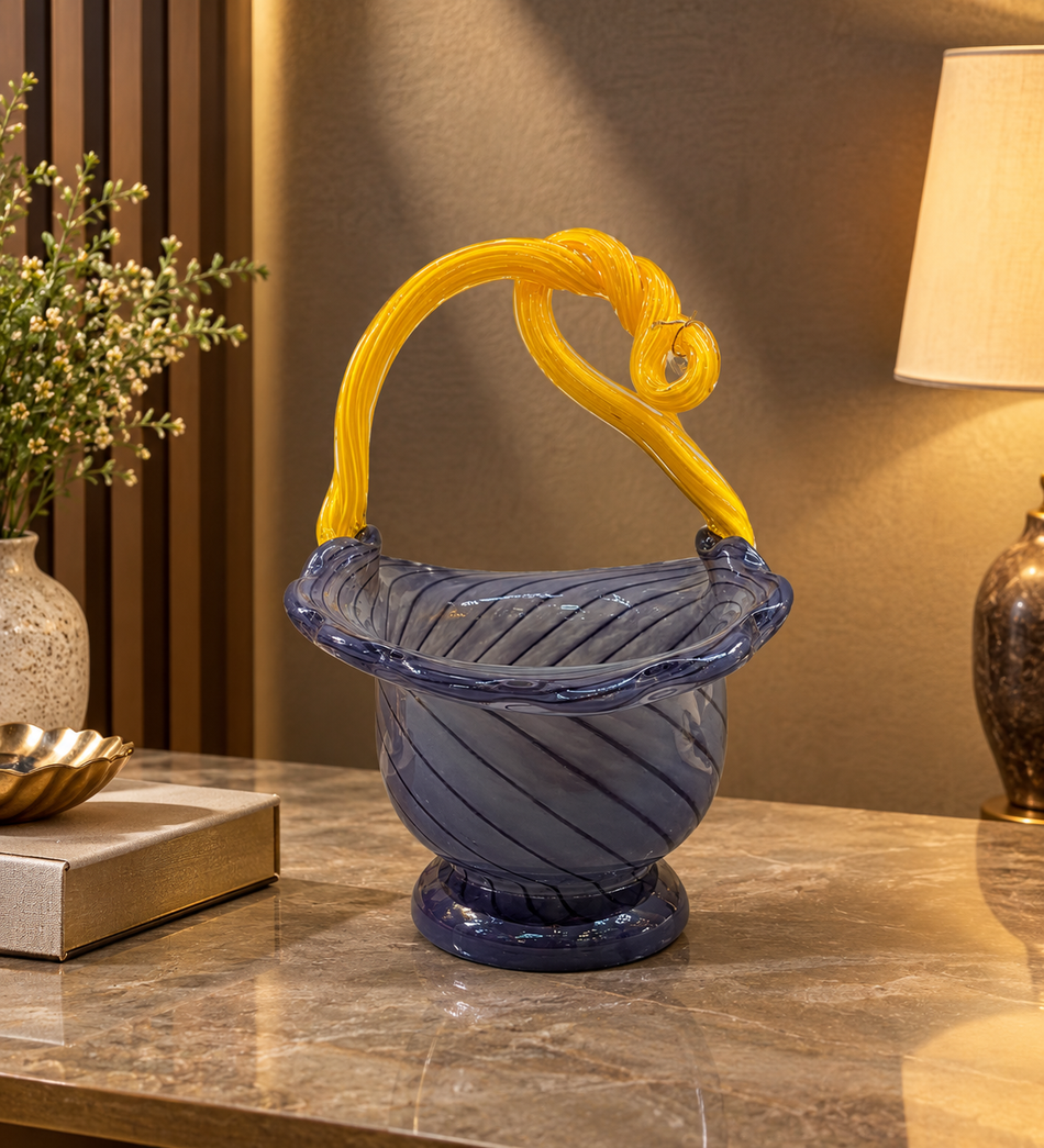 Hand-Blown Blue Art Glass Basket with Yellow Twisted Handle