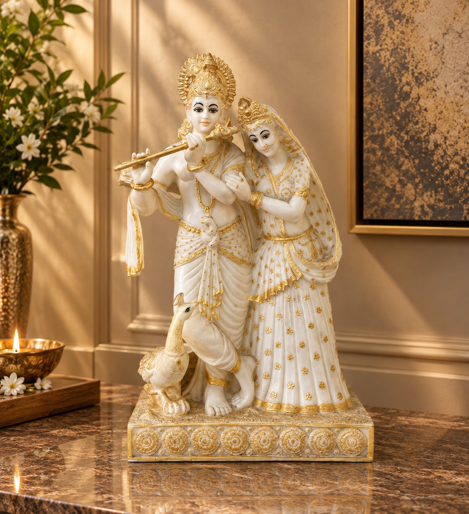 White and Gold Radha Krishna Sculpture