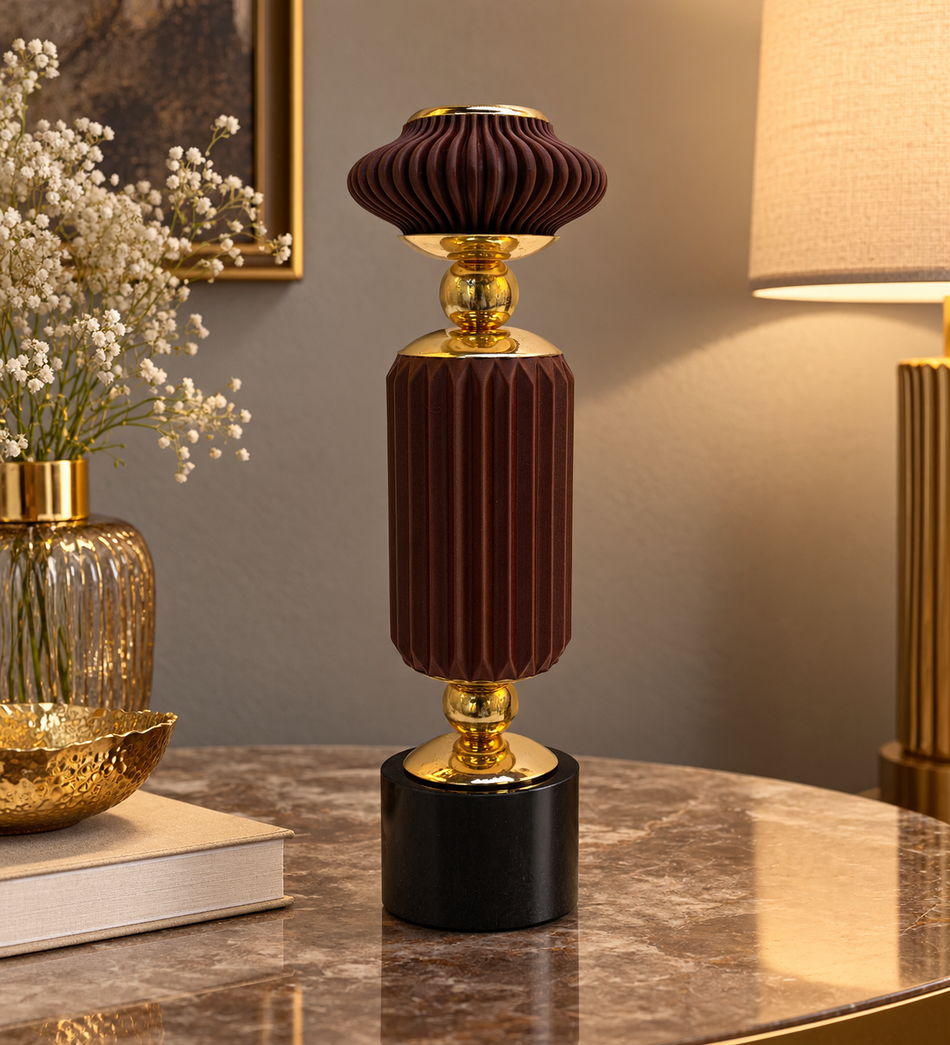 Modern Chocolate Brown and Gold Fluted Candle Holder with Black Marble Base