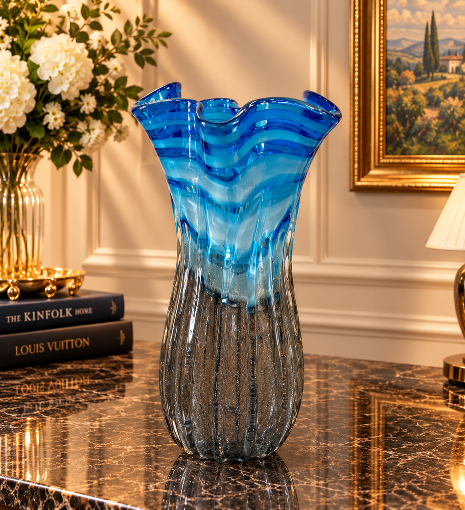 Blue and Grey Gradient Fluted Art Glass Vase
