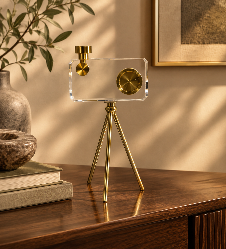 Whimsical Clear Acrylic Camera Sculpture on Polished Brass Tripod Stand