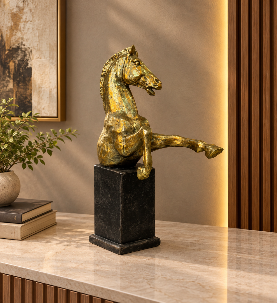 Antique Gold Rearing Horse Sculpture on Dark Pedestal Base
