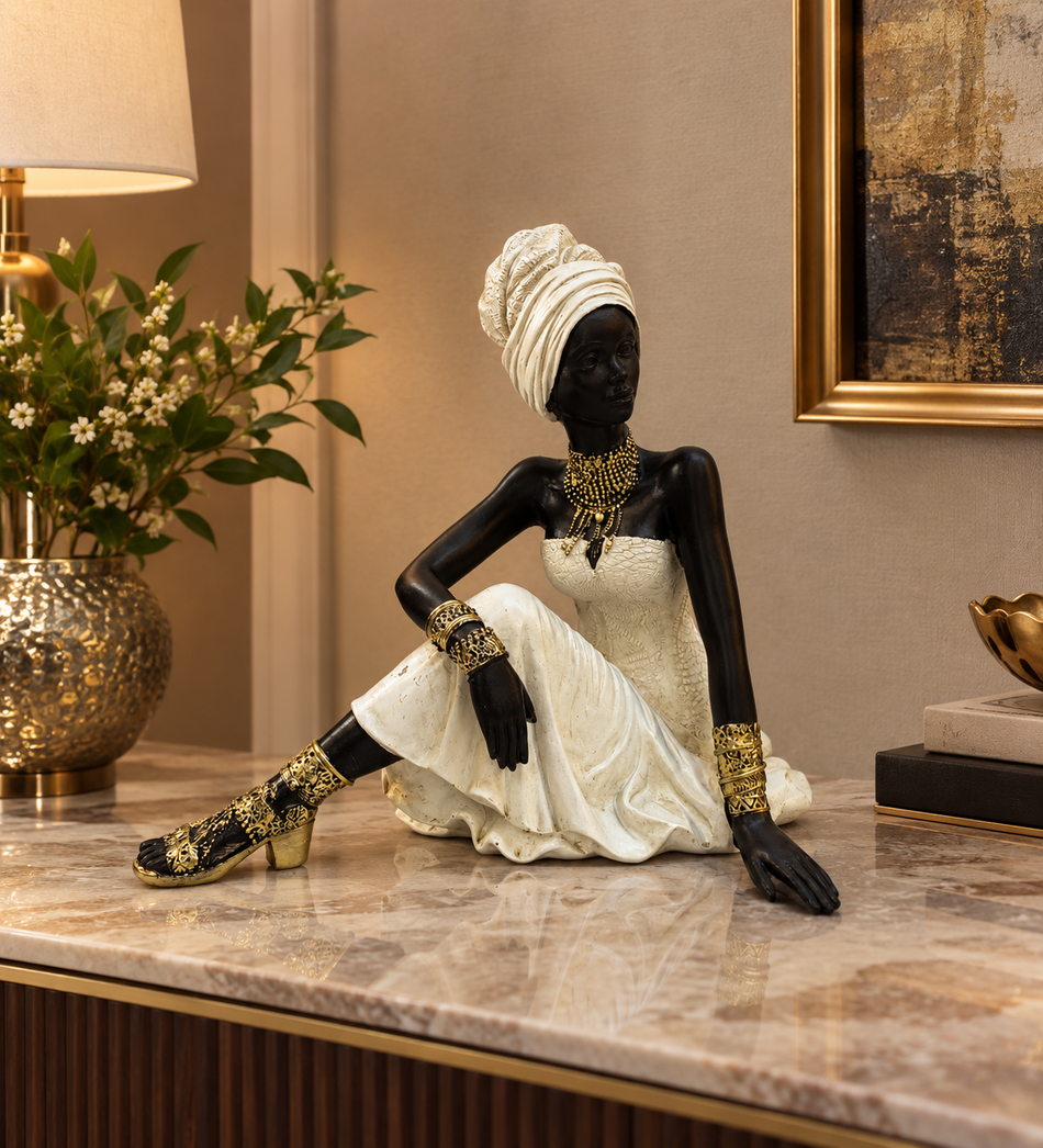 Seated African Lady Sculpture in Off-White Dress with Gold Jewelry