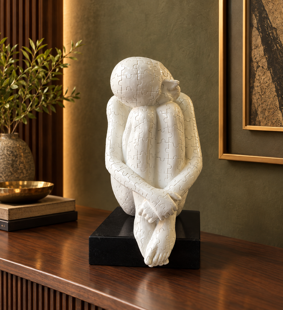 White Abstract Puzzle Seated Figure Sculpture
