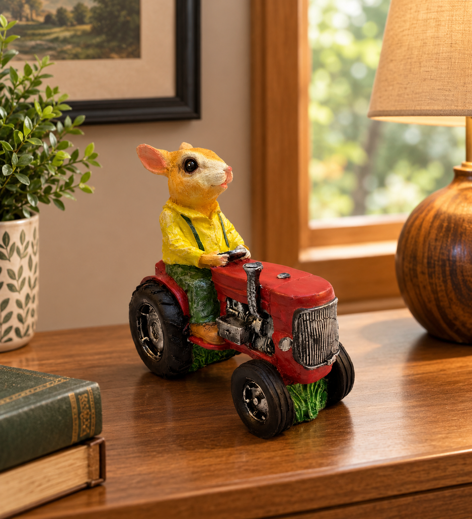 Whimsical Rabbit Driving Vintage Red Tractor Figurine