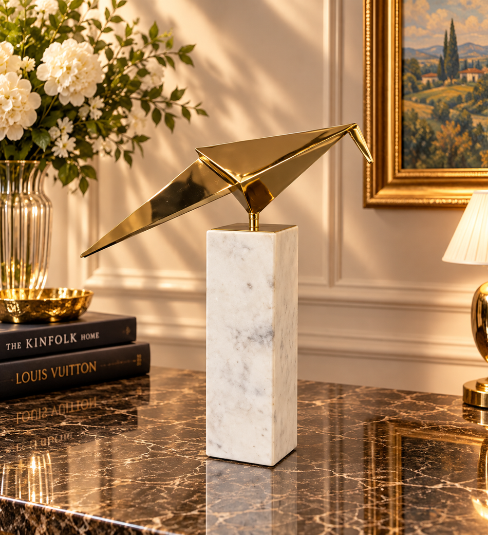 Gold Geometric Origami Bird Sculpture on Marble Base