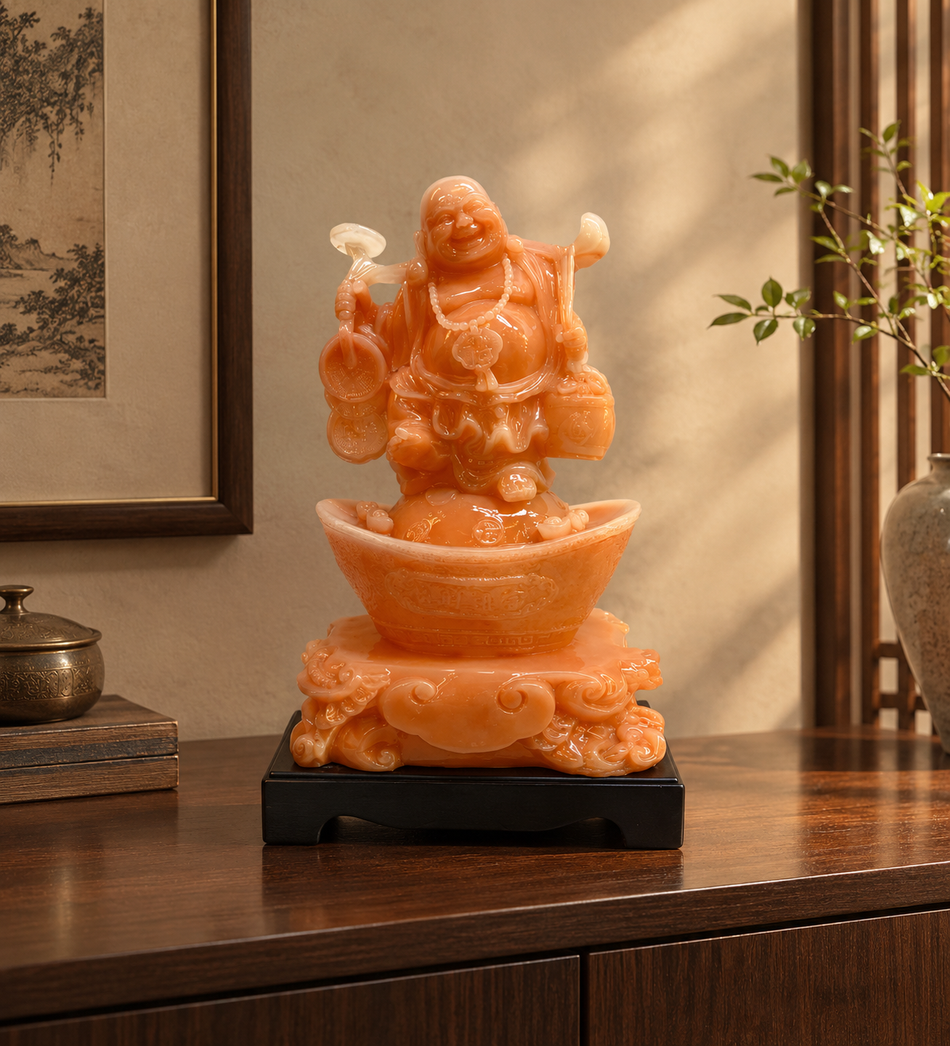 Auspicious Translucent Peach Jade Laughing Buddha on Ingot Figurine
