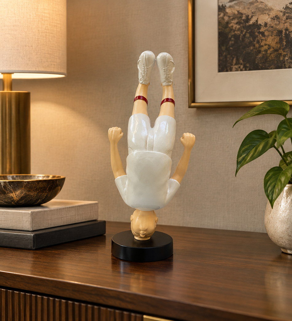Whimsical Upside-Down Headstand Figurine Sculpture in Crisp White