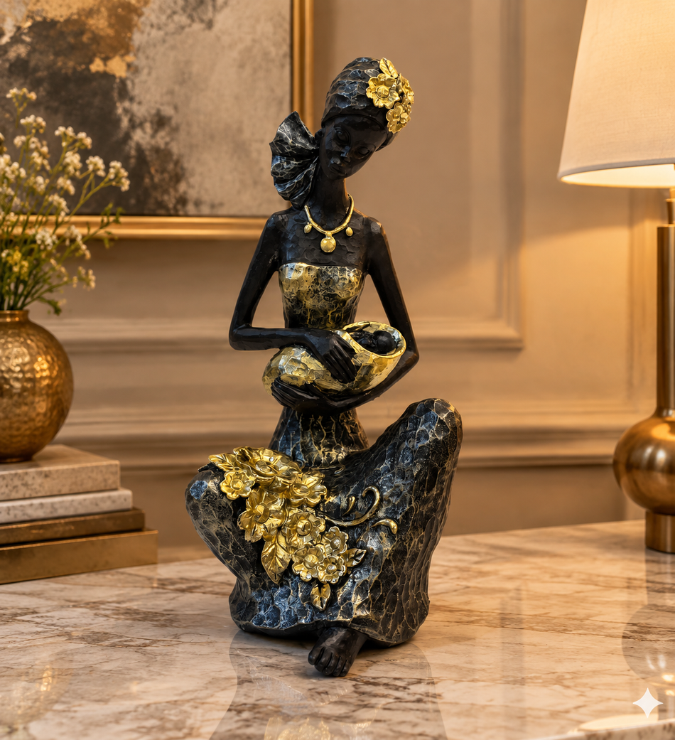 Seated African Mother and Baby Figurine with Gold Floral Accents
