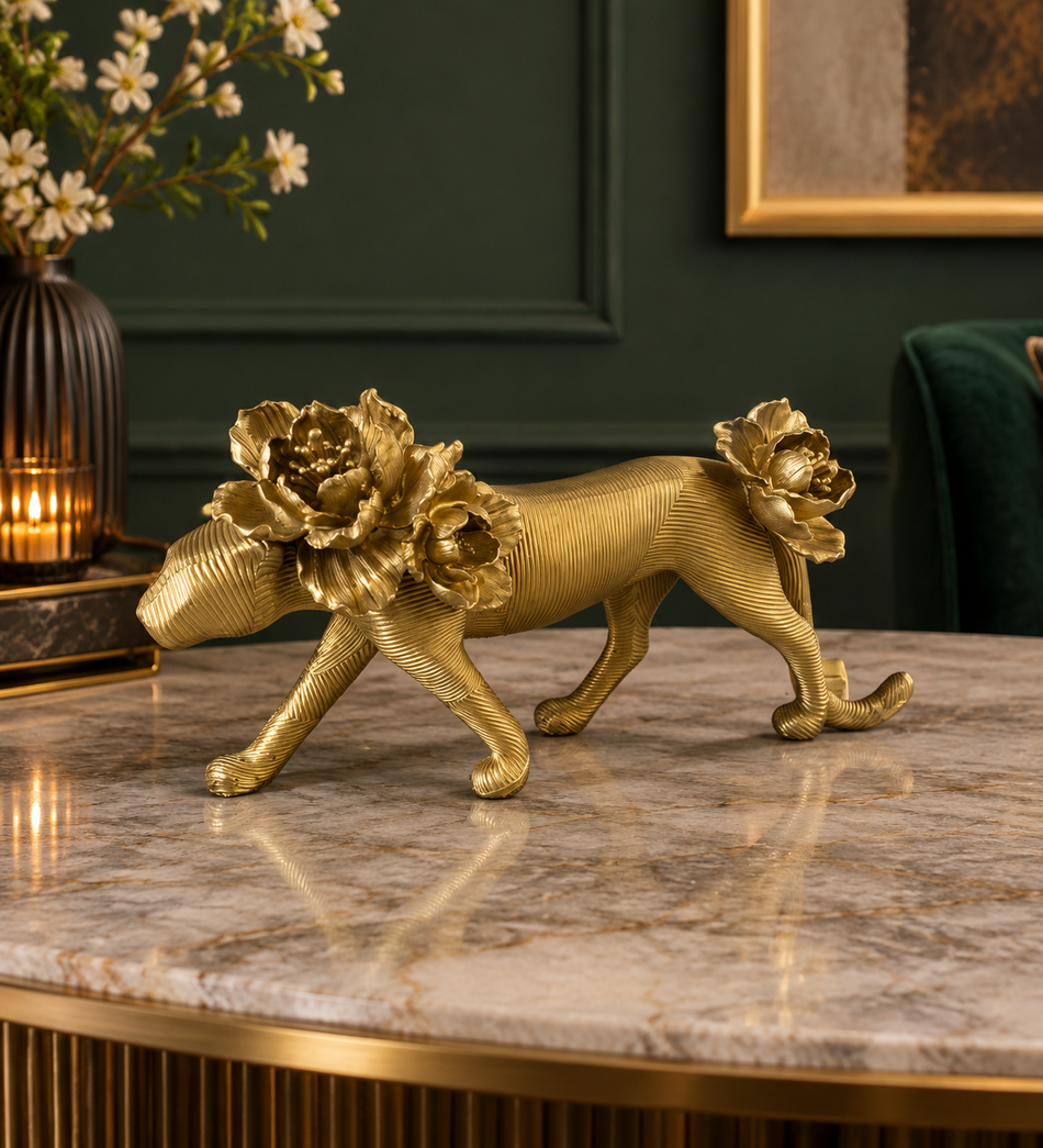 Golden Ribbed Floral Panther Statue