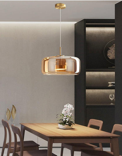 Modern Amber Glass Pendant Light – Gold Finish Hanging Lamp for Dining & Living Room