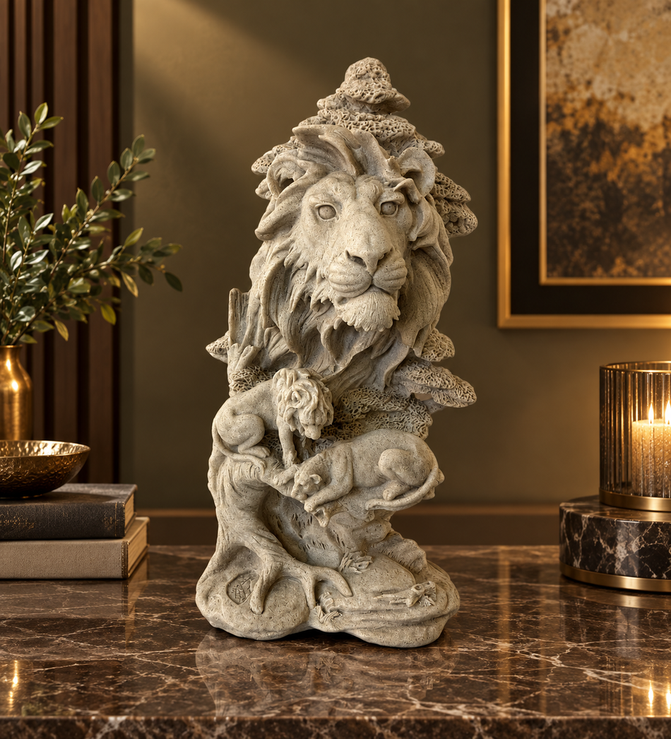 Stone-Finish Lion Family Sculpture