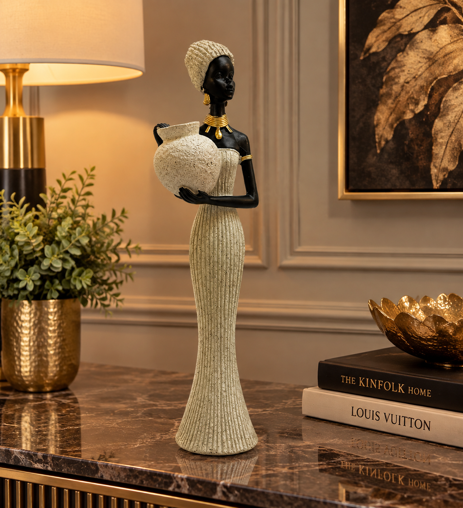 Standing African Woman Figurine in Off-White Dress Holding Pot