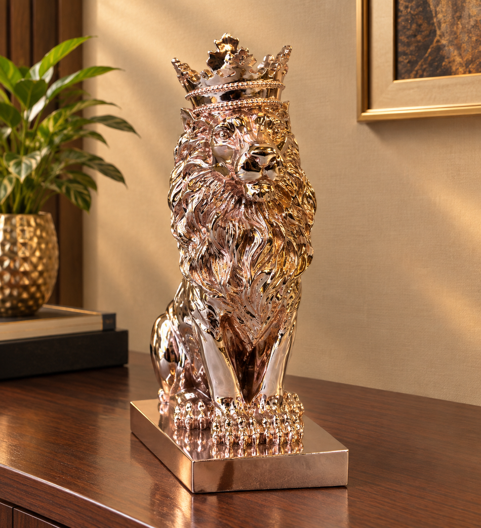 Regal Crowned Sitting Lion Sculpture in Rose Gold Finish