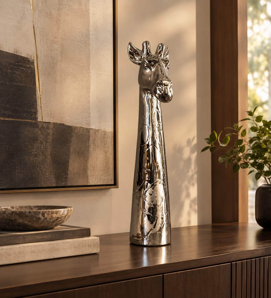 Silver Chrome Giraffe Head Bust Sculpture