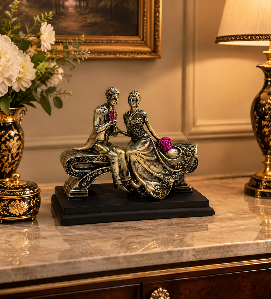 Romantic Antique Gold Couple on Bench Figurine with Magenta Floral Accents