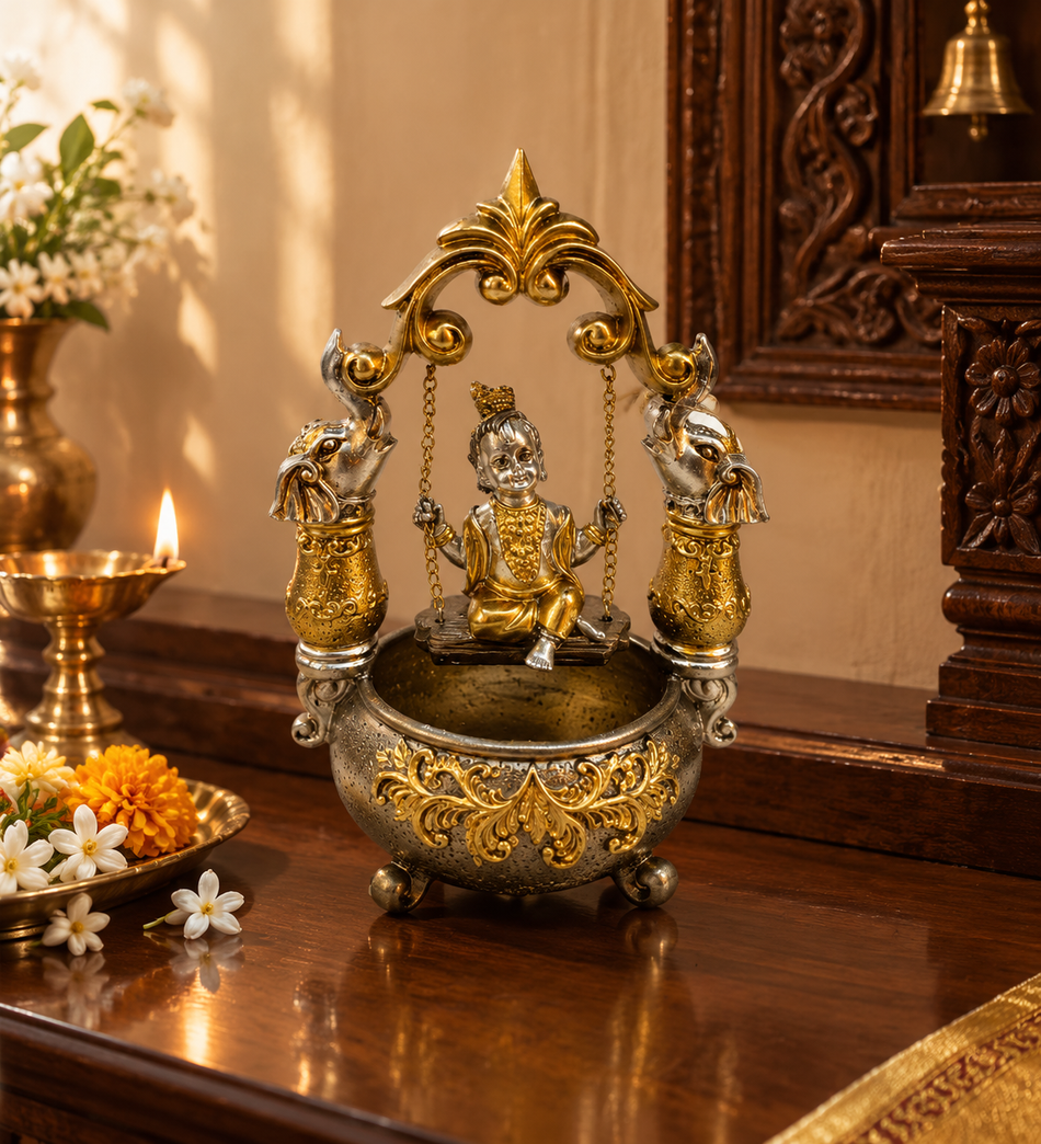 Ornate Silver and Gold Baby Krishna Swing Figurine Bowl