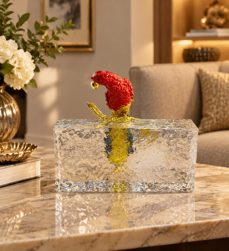 Vibrant Multicolor Parrot Figurine on Textured Crystalline Block