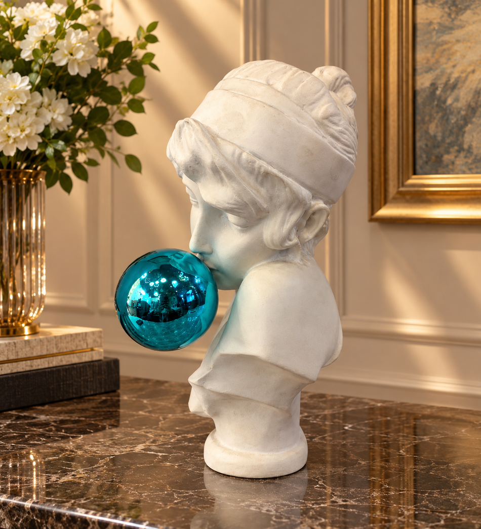 White Classical Bust with Metallic Blue Bubblegum Sculpture