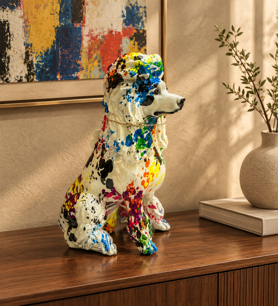 Vibrant Paint-Splattered Poodle Figurine in High-Gloss Finish