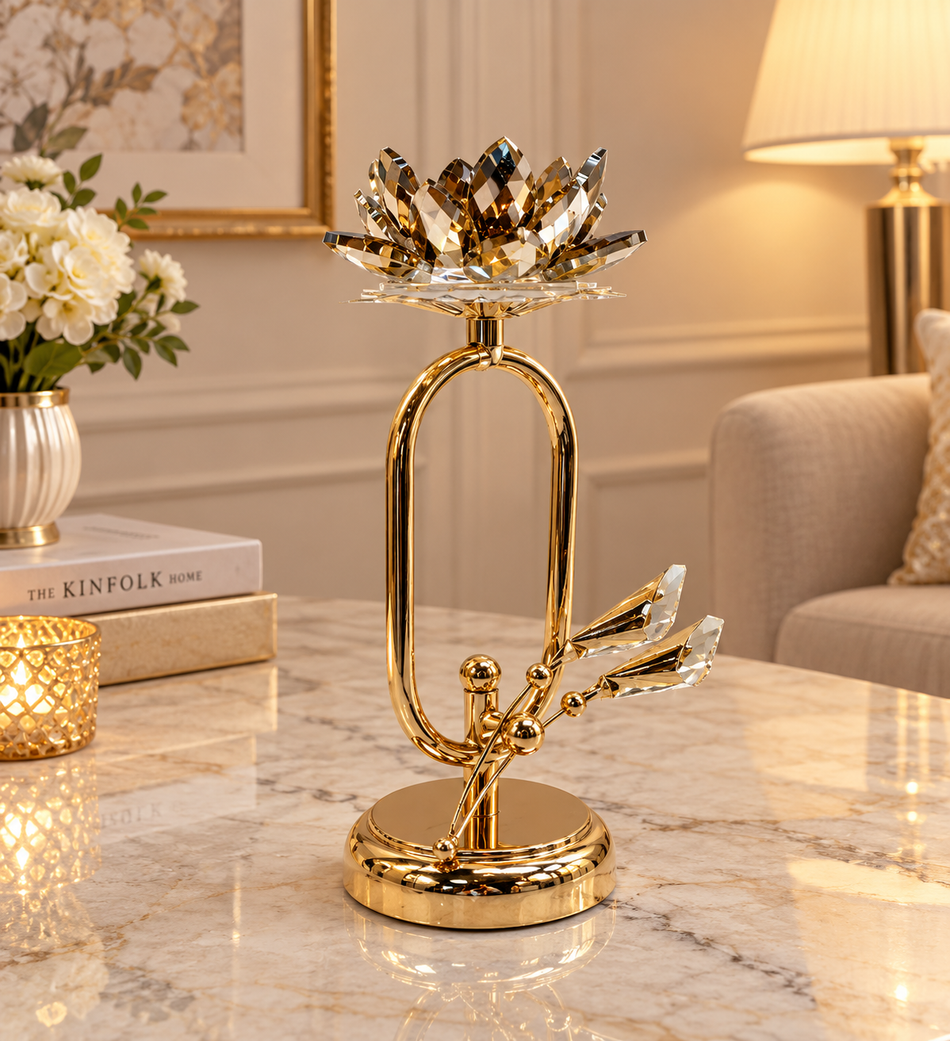Gold Crystal Lotus Tabletop Candle Holder Sculpture