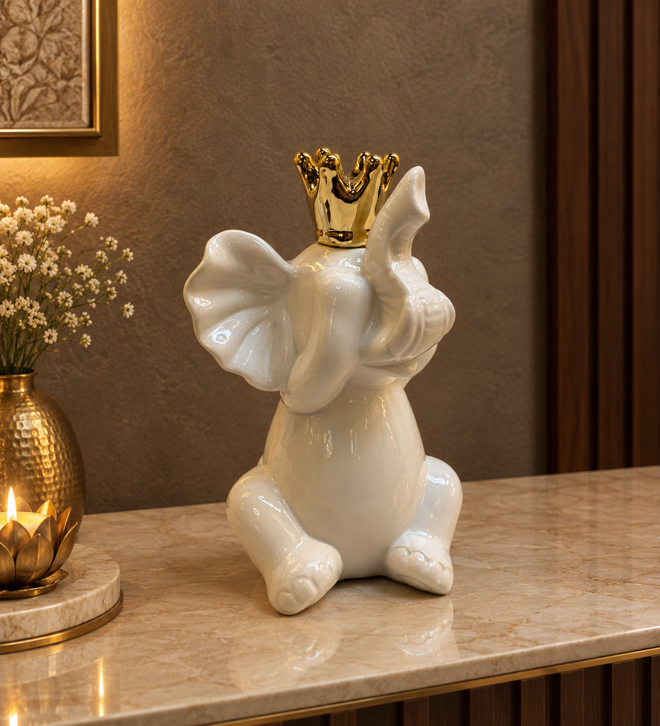 Charming Glossy White Ceramic Elephant Figurine with Gold Crown