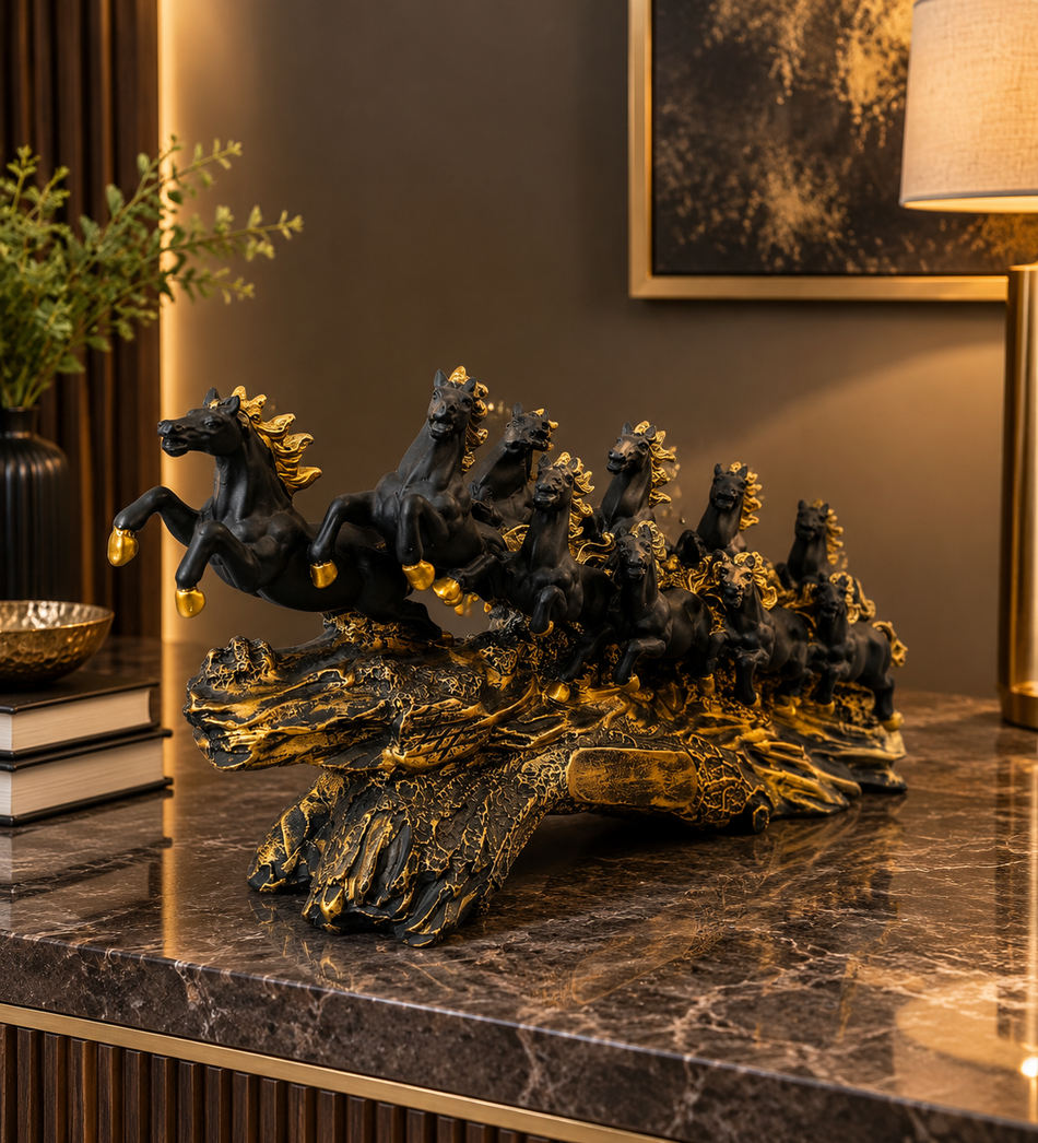 Black and Gold 7 Running Horses Sculpture