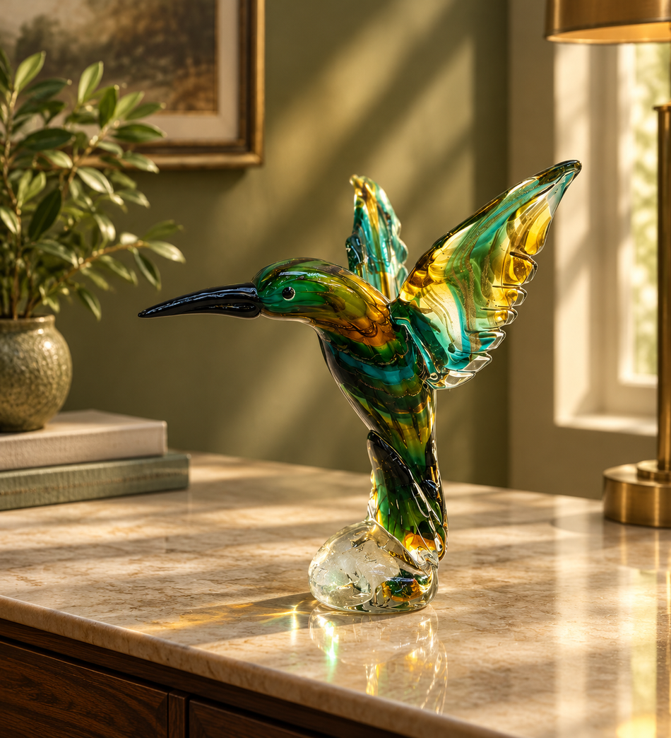 Luminous Emerald and Gold Art Glass Hummingbird Sculpture