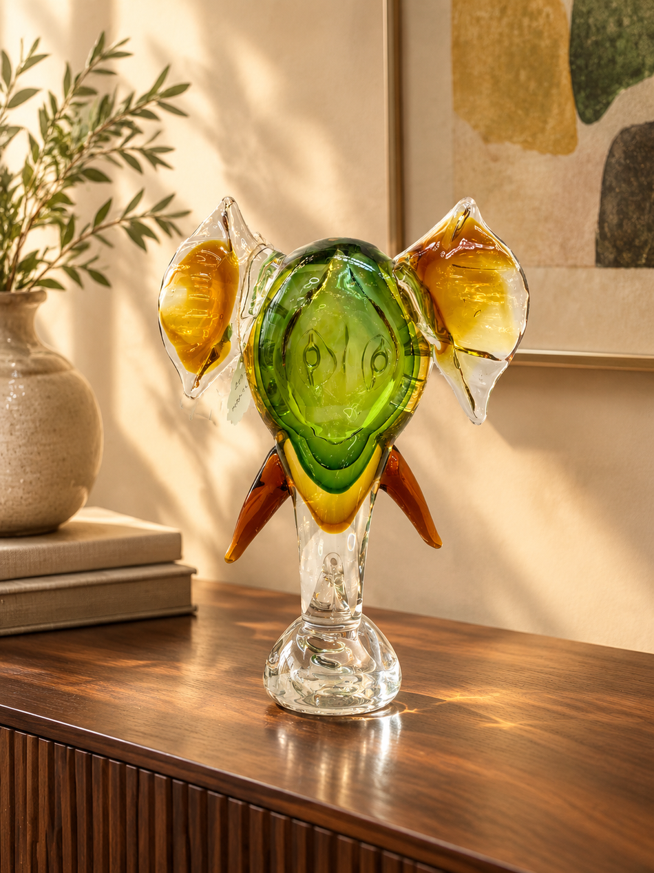 Whimsical Abstract Art Glass Elephant Figurine with Green and Amber Accents