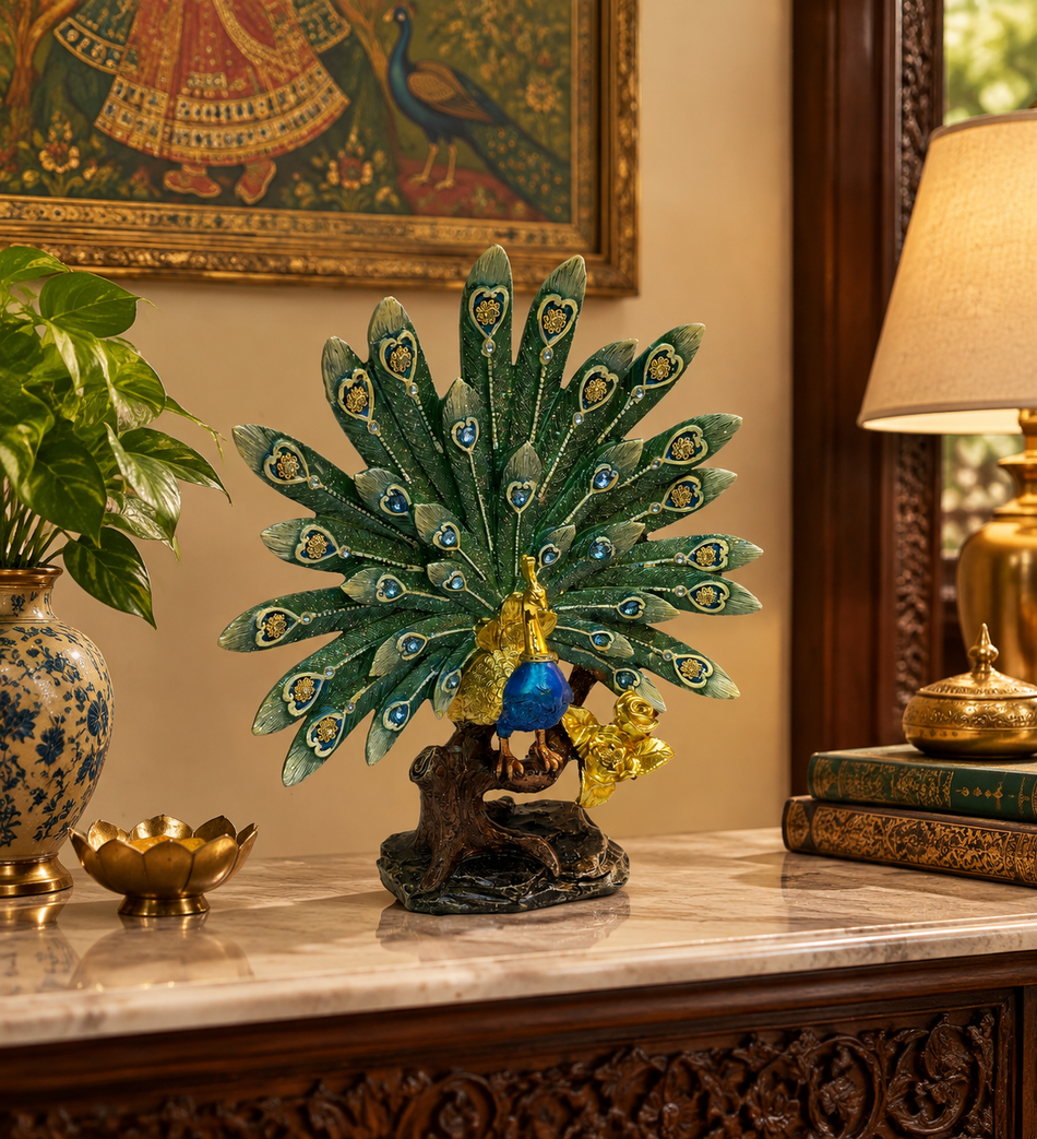 Majestic Royal Blue and Gold Dancing Peacock Sculpture with Fan Feather Plumage