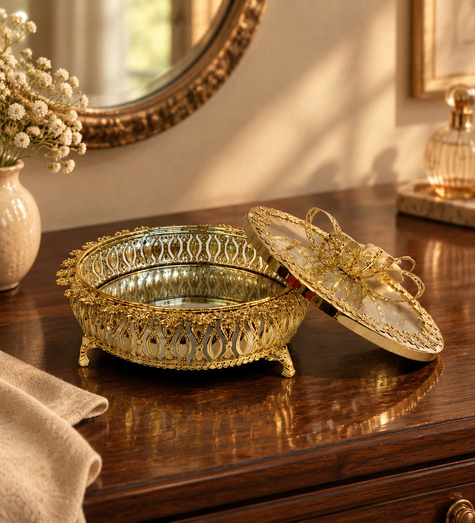 Ornate Electroplated Gold Mirrored Vanity Box with Bow Lid