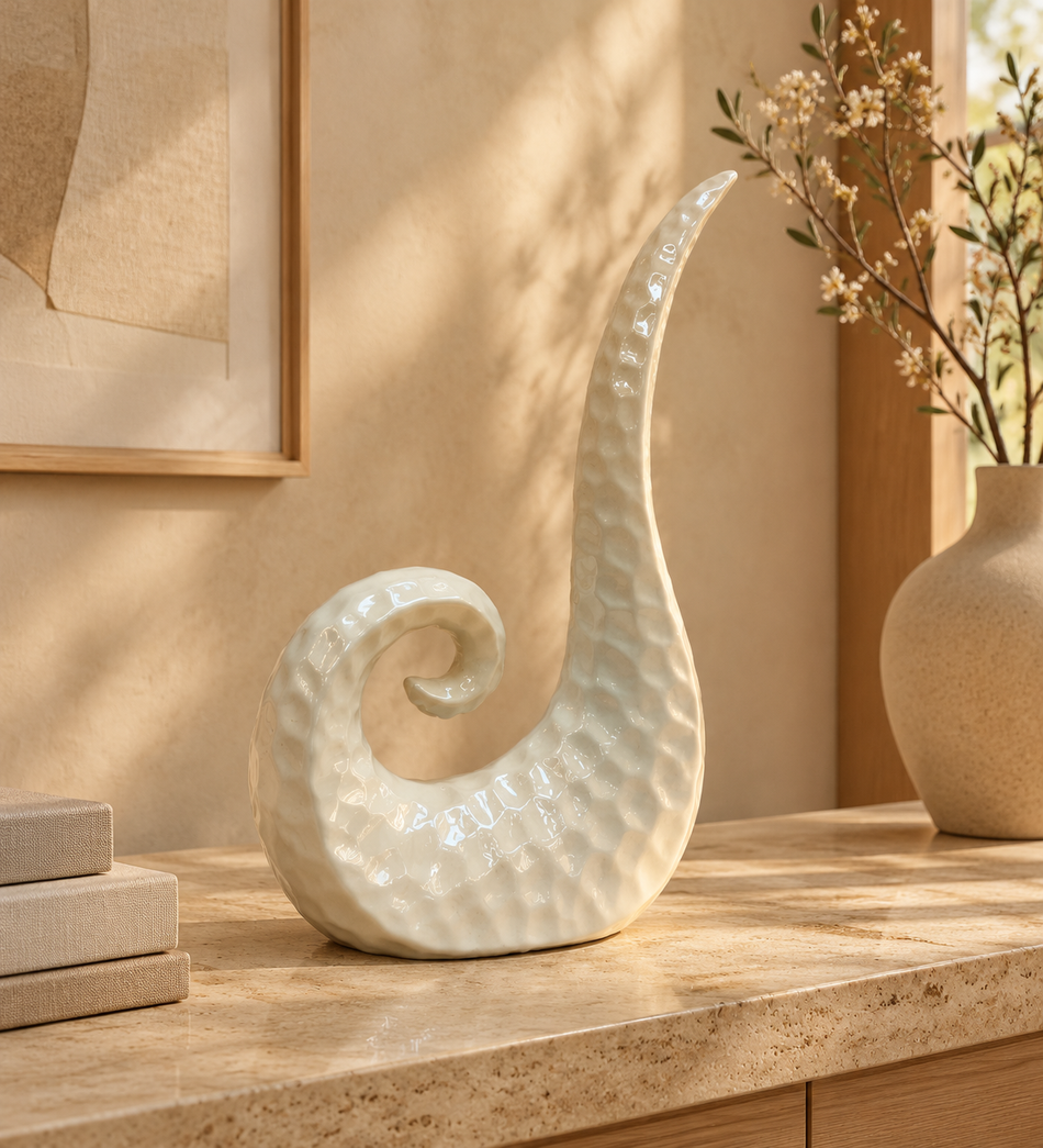 Fluid Glossy Cream Ceramic Abstract Swirl Sculpture