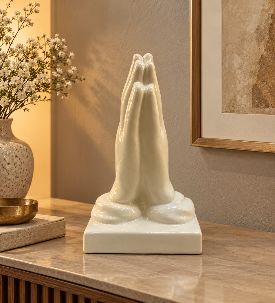 Serene Glossy White Praying Hands Ceramic Sculpture
