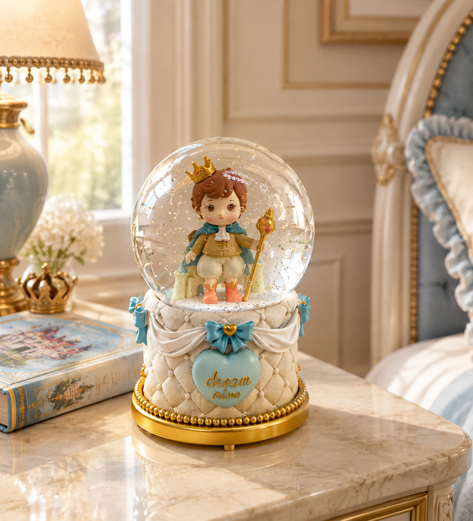Whimsical Royal Prince Snow Globe with Quilted Blue and Gold Base