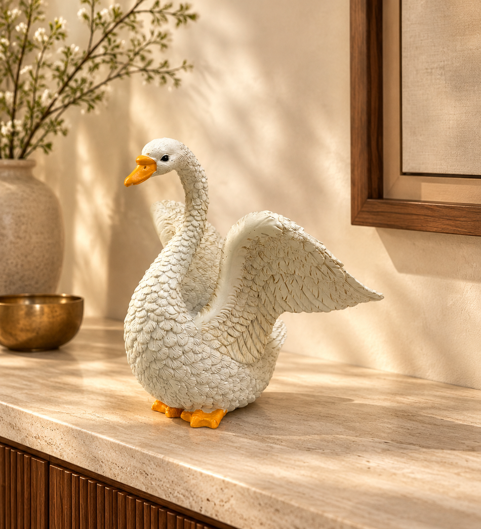 Graceful Textured White Swan Figurine with Golden Yellow Accents