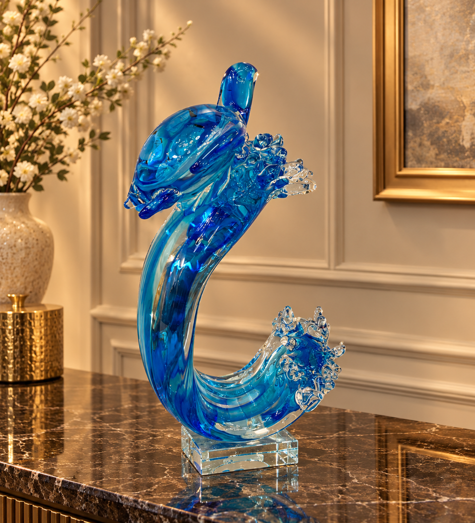 Blue Hand-Blown Glass Dolphin on Wave Sculpture