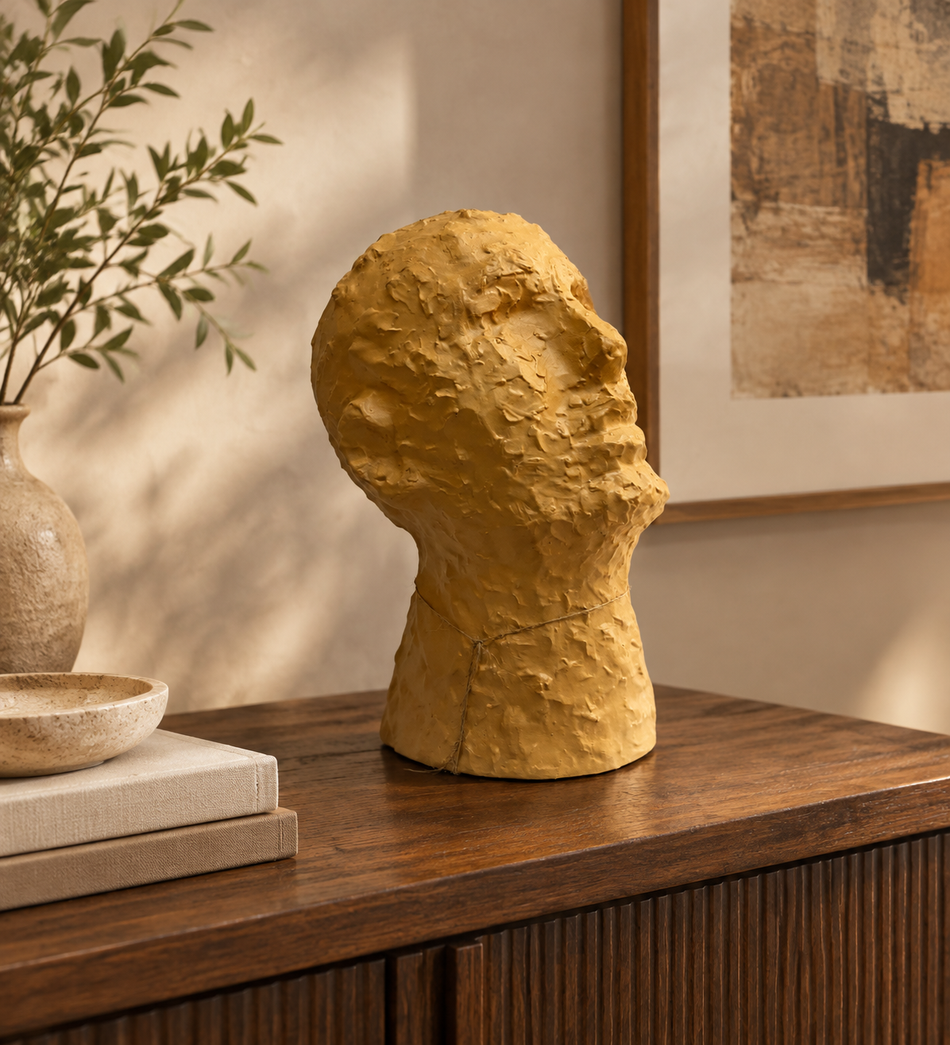 Abstract Textured Ochre Human Head Bust Sculpture